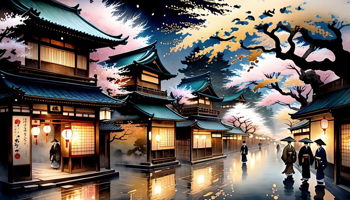 Magical Edo Twilight Street with Nature Spirits in Nihonga S...