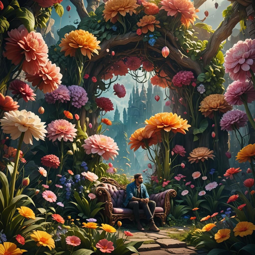 Man sits under huge flowers