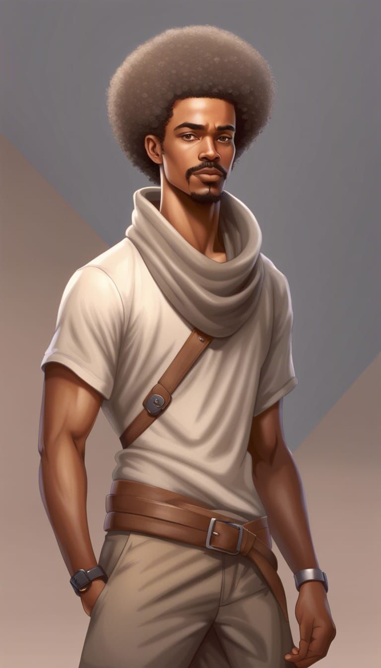 Whimsical Guy:: light skin tone, mustache, no beards:: Full afro hair with  a side split, Wears a grey T shirt, sand colored trouser, Carry a... - AI  Generated Artwork - NightCafe Creator