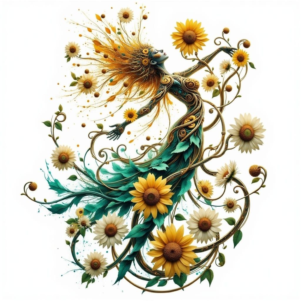 A majestic <lora:BiomechFloraFusion:1.0>  woman rises into a phoenix pose, her silhouette merging into a throne of intertwining metallic jas...