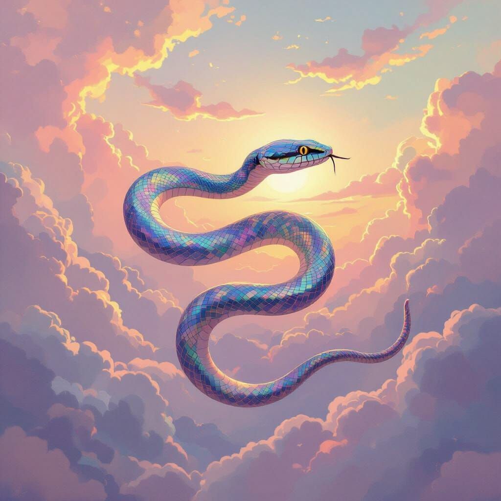 Flying Snake in Painterly Style Celestial Pastel Sky