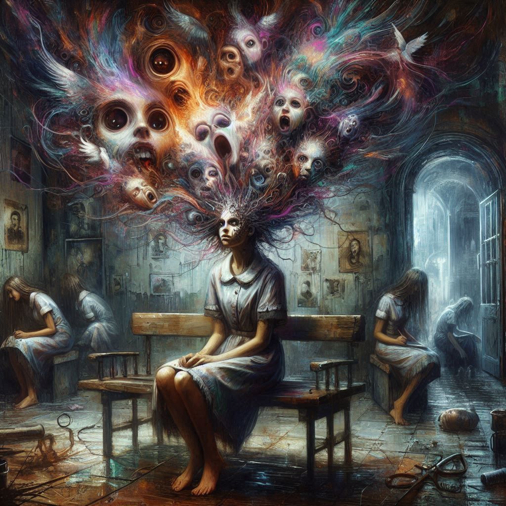 The asylum horror. A young girl with Schizophrenia