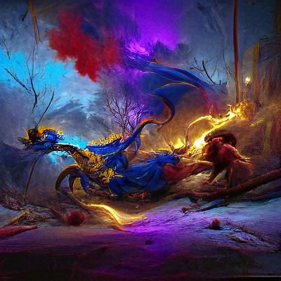 electric blue dragon fighting a red fire dragon in the dark ...