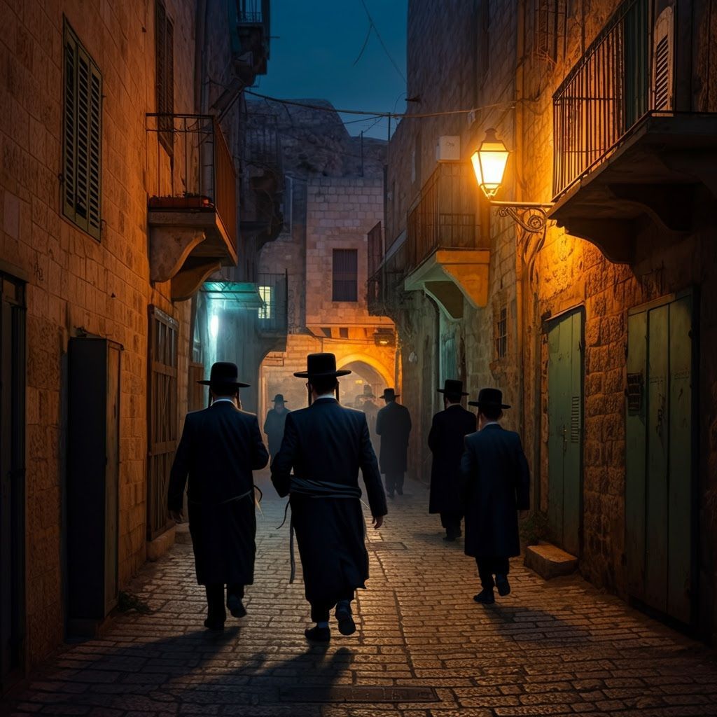 Hasidic Men Walking to Selichot Prayers in Jerusalem