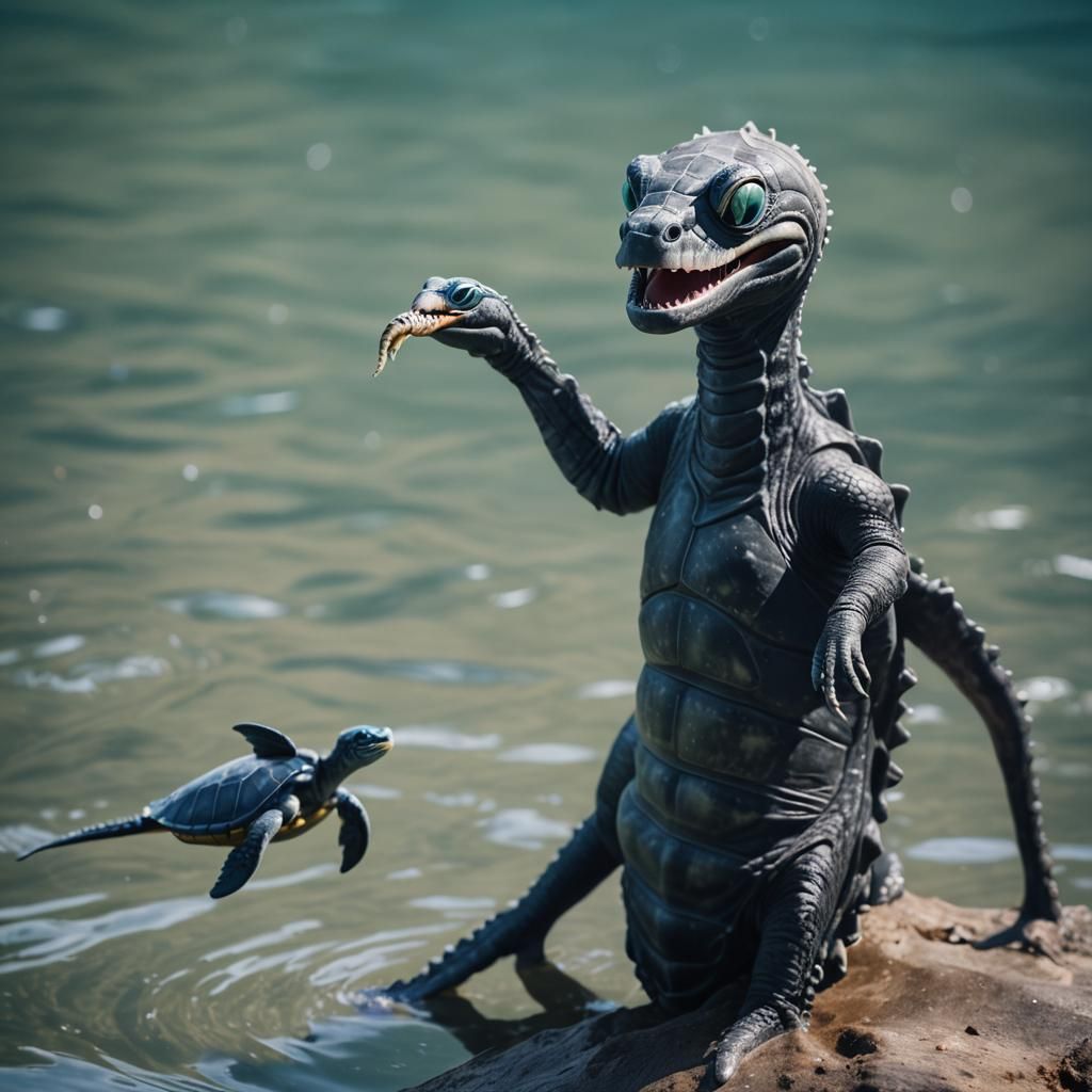 sea monster with smooth black skin and 100 foot long neck an...