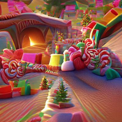 cozy christmas fantastic candyland at golden hour 8K 3D