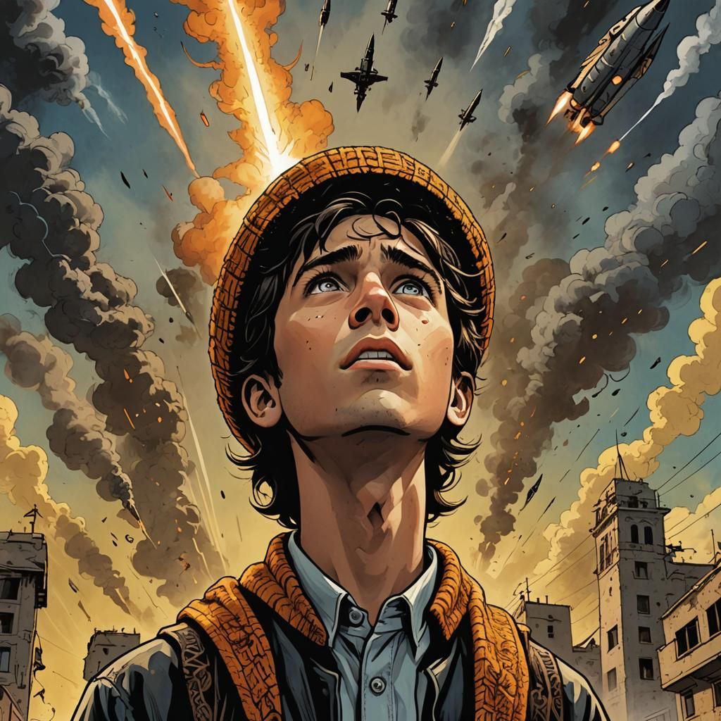 Ominous Skies: Child Confronts Missiles in Comic Art
