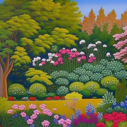 depicts a majestic garden in bright colors. The paintings sh...