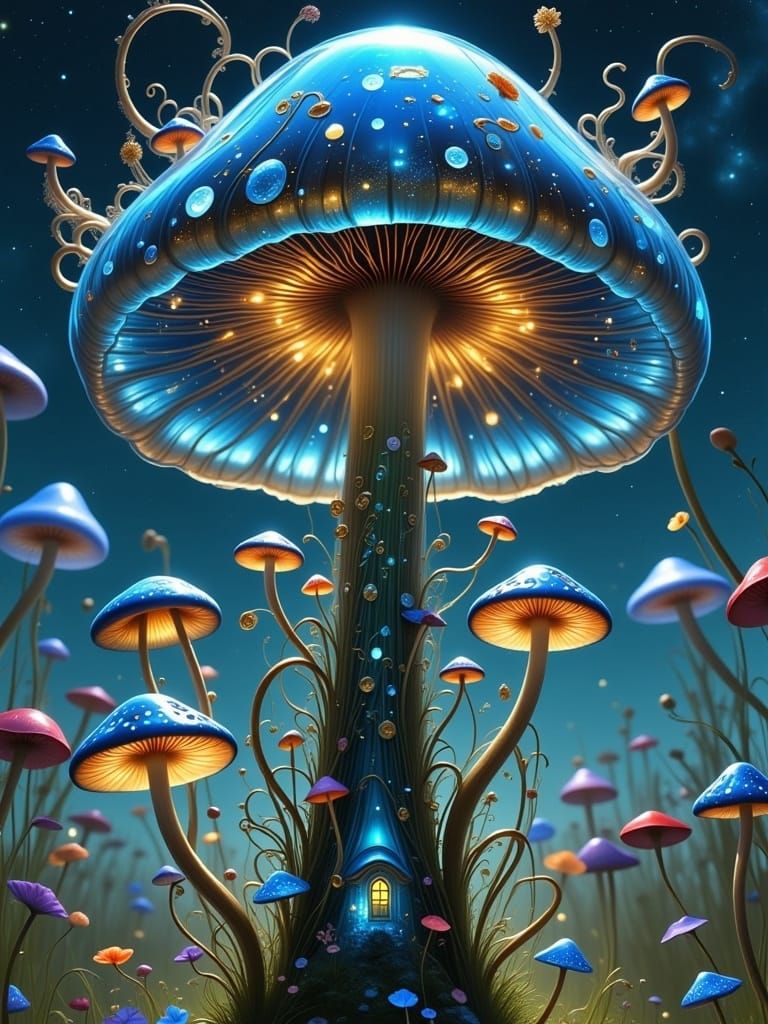 <lora:MILLENNIUM MUSHROOM:1.0>
VIVID fine art mytical realm of blue-sky view of a huge fantastical glowing transparent glass mushroom, whims...