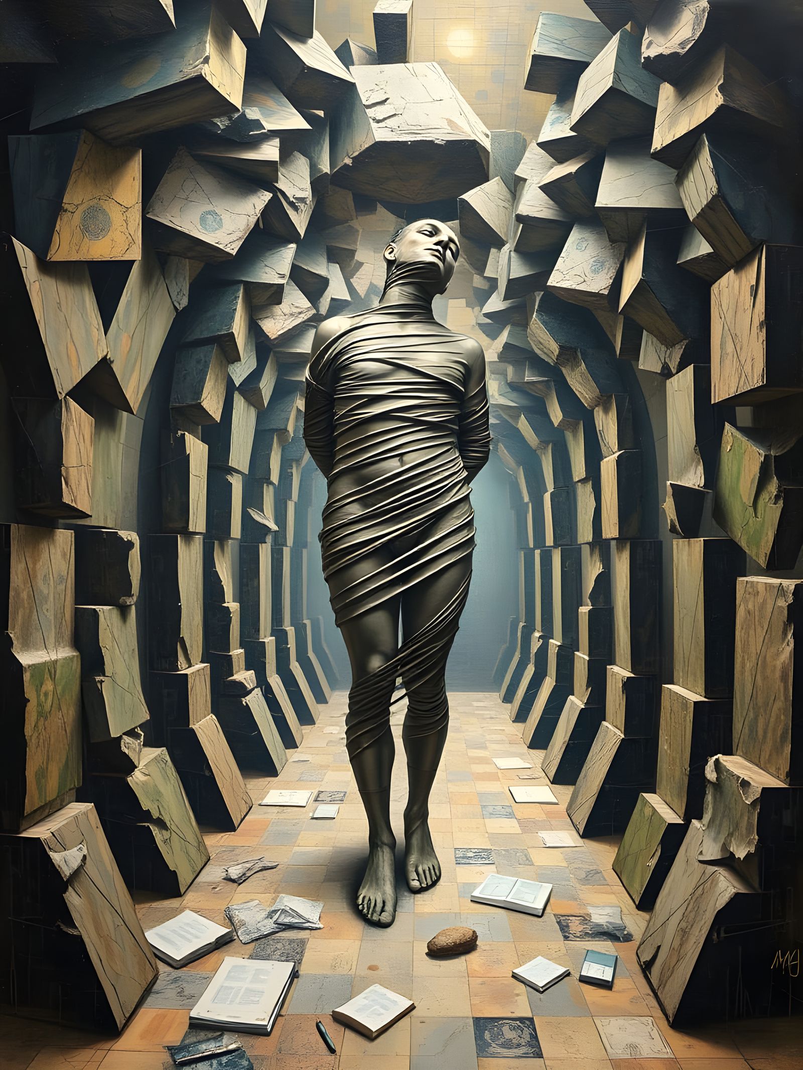 hyperdetailed Metaphysical Painting, body strictly wrapped, empty spaces, infinite, Escher  by @MaZZackie