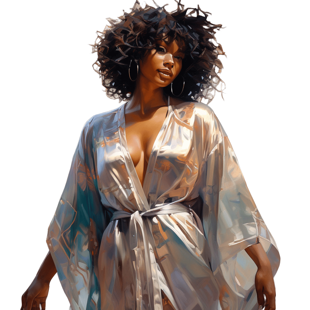 Brown-skinned woman full body in silk see through robe