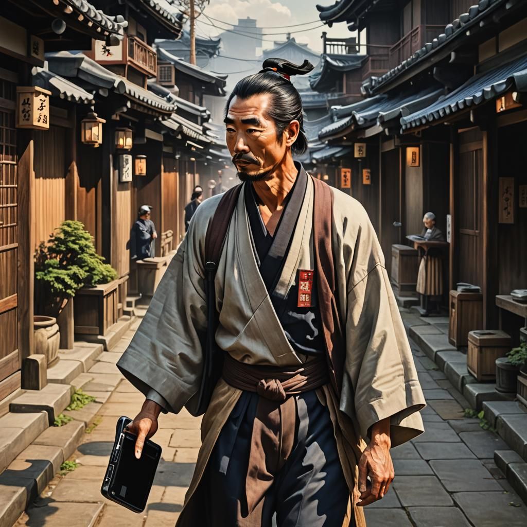 Edo Man with iPhone in Hyperrealistic Japanese Town