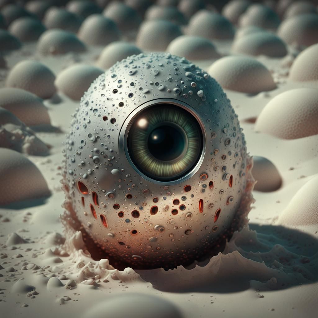 Metallic egg with human eye
