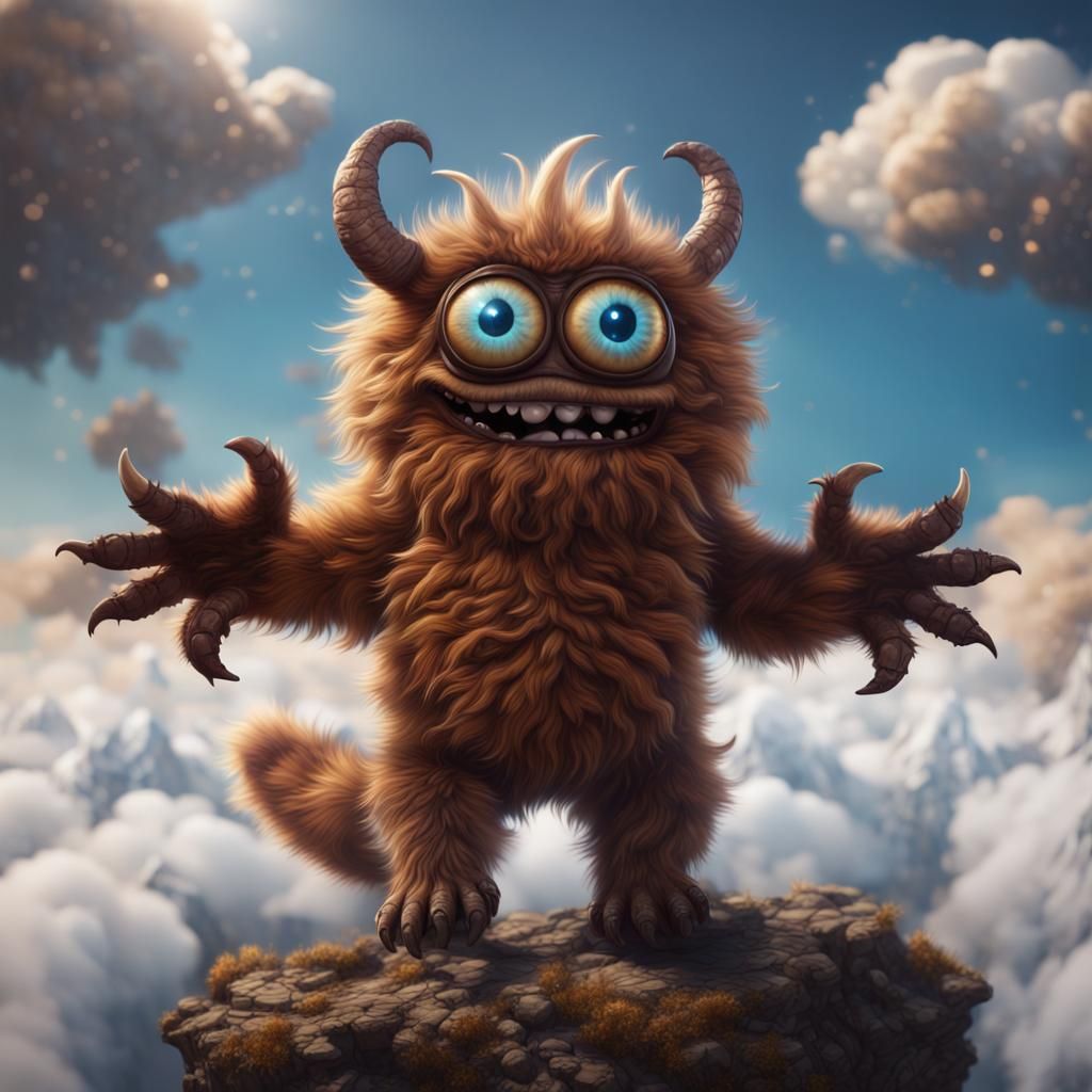 A cute, brown furry monster with four arms and a third eye, ...