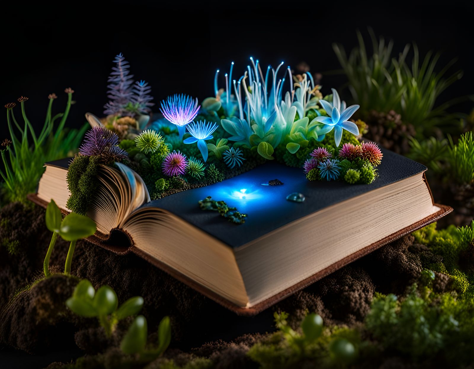 magical opened book from which are escaping bunch of bioluminescent magical plants in a beautiful miniature ...  by @tsahel