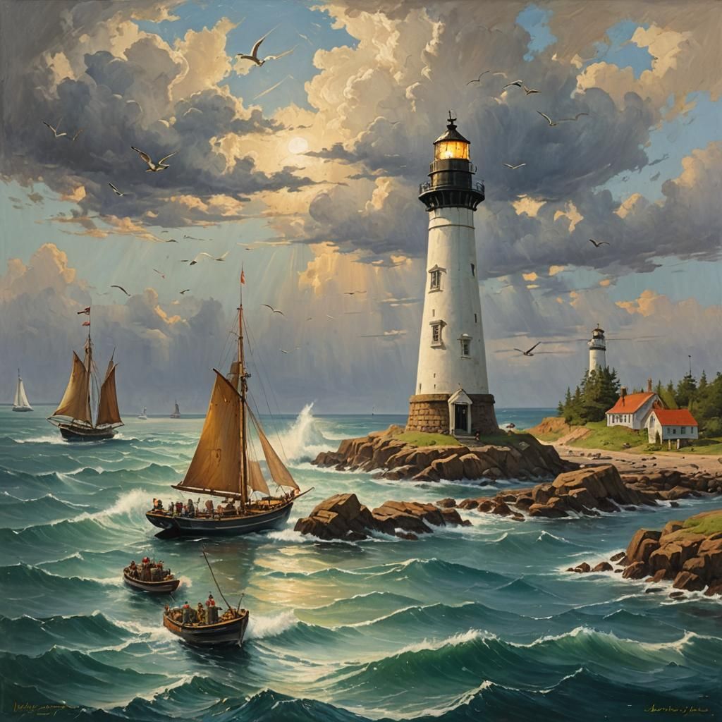 Lighthouse out in the ocean with many ships and boat's.