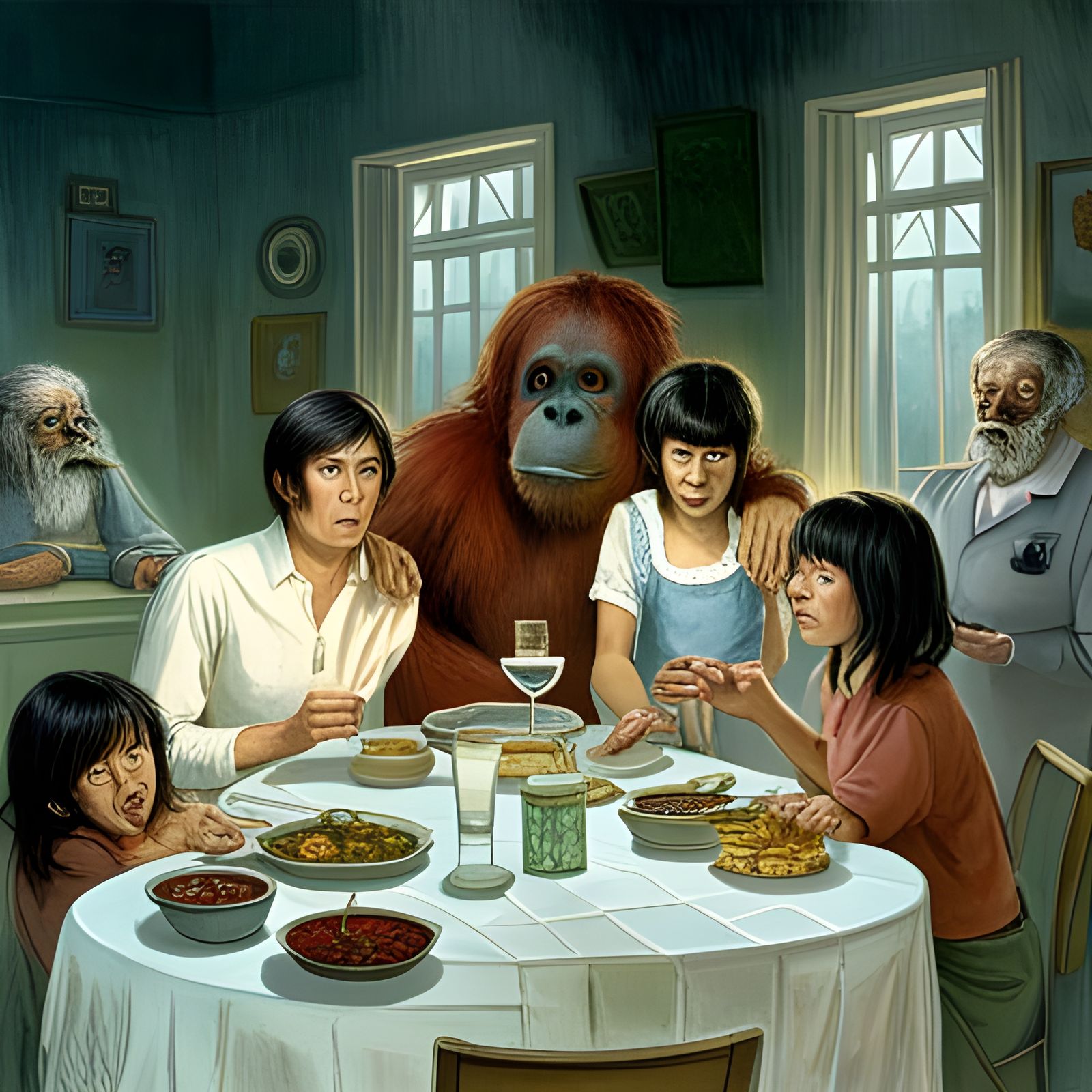 1980's family gathering to eat with an orangutang