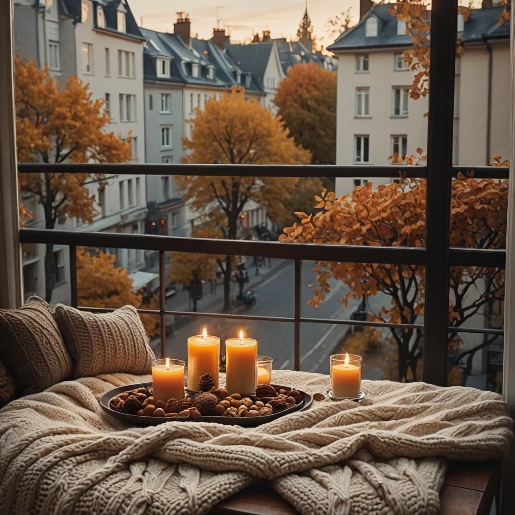 Cozy Balcony Nook in Autumn Street Scene
