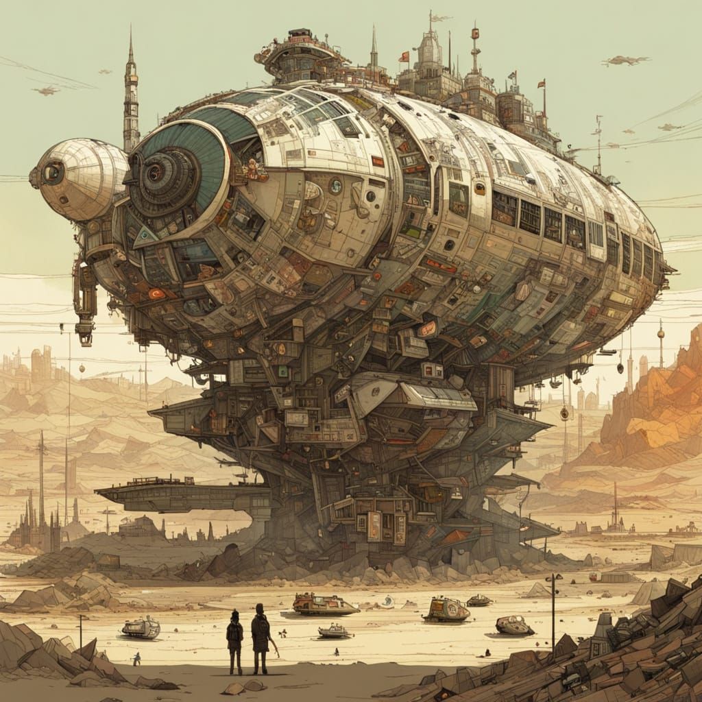 massive spaceship hovering over a small desolate desert town, By Mattias Adolfsson and Russ Mills and Victo Ngai ::  int...