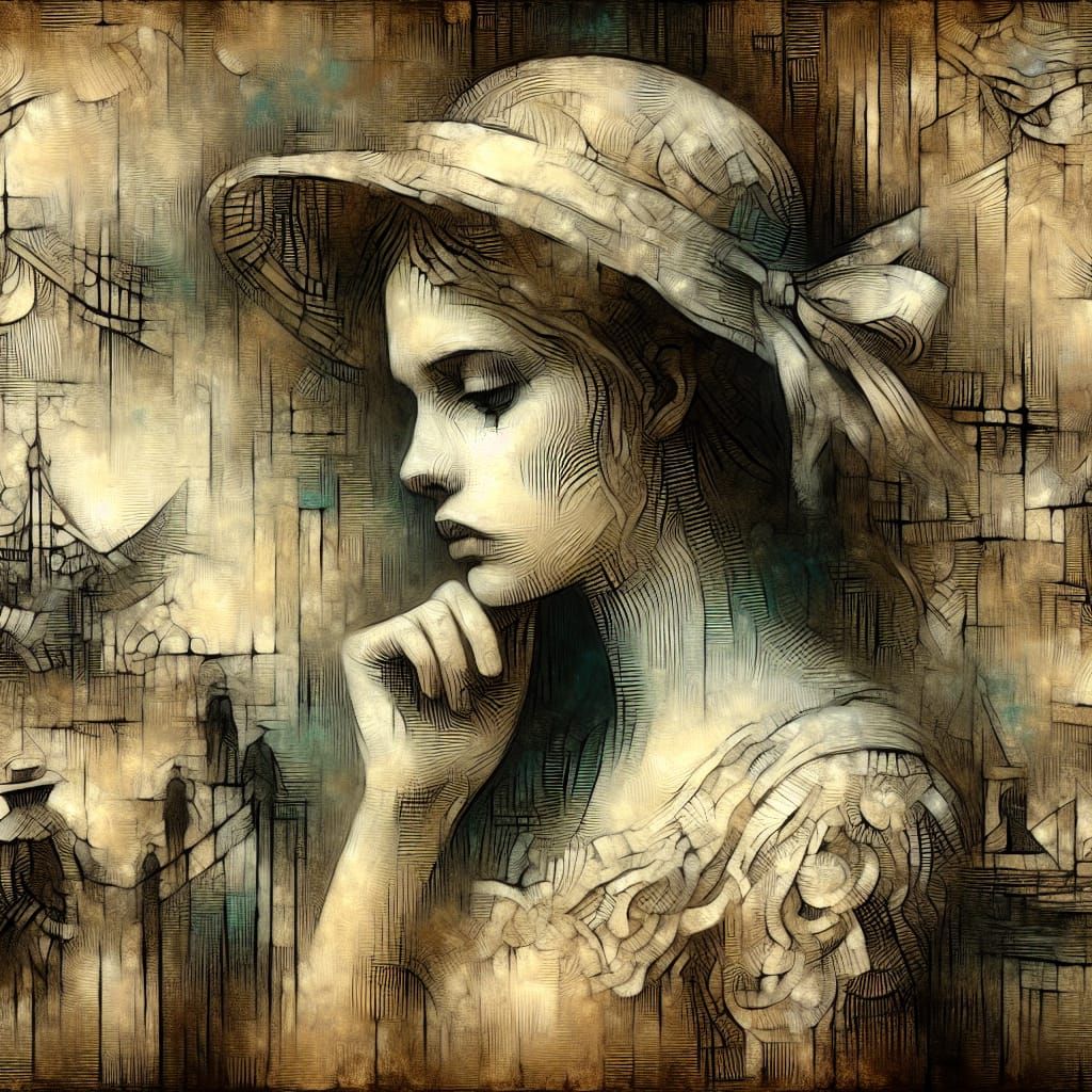 morose portrait of sad pierrot la lune as a girl. vintage clown. line art + acrylic. palette knife. brushstrokes. ...  by @Keoni 