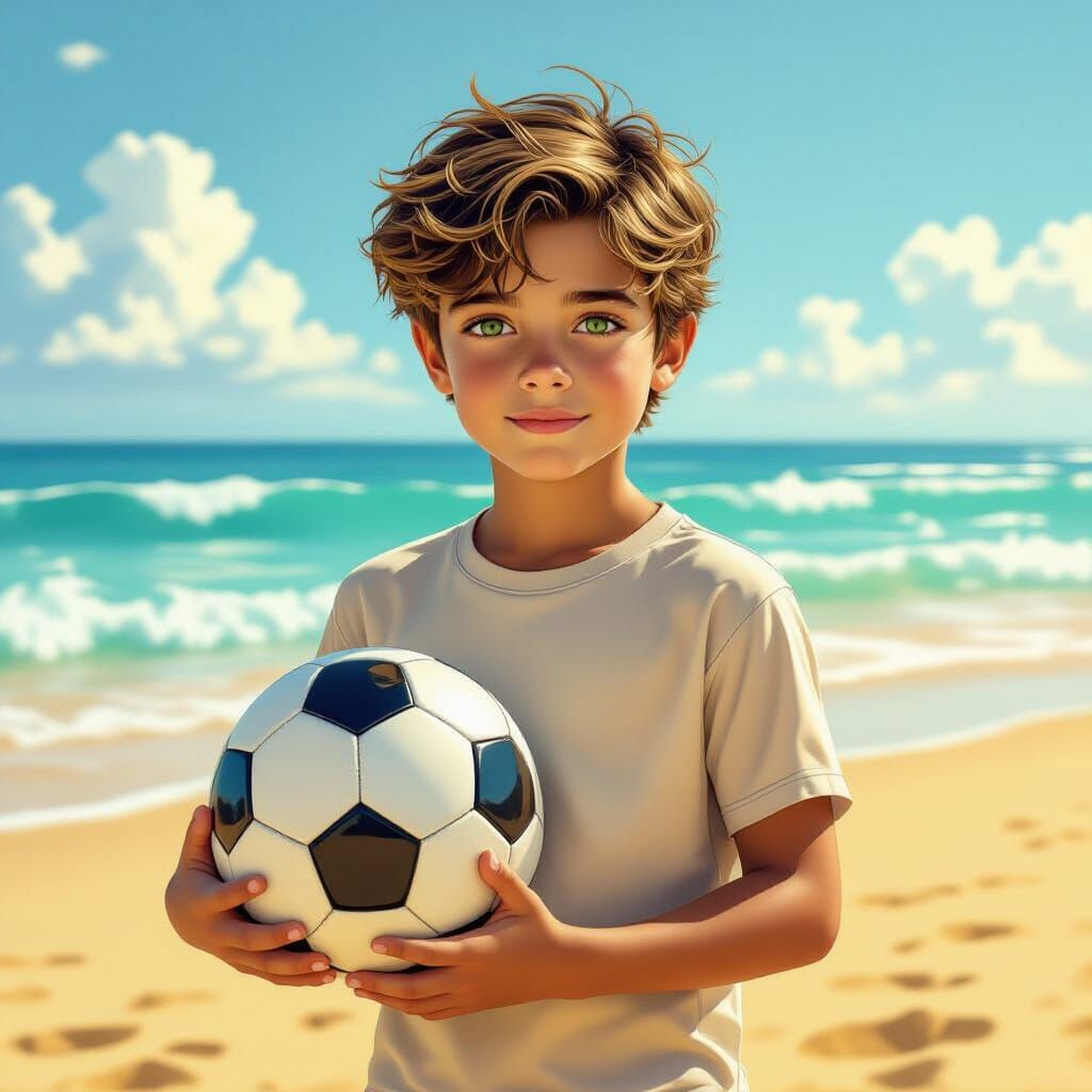 Handsome Boy With Green Eyes Holds Soccer Ball on Beach