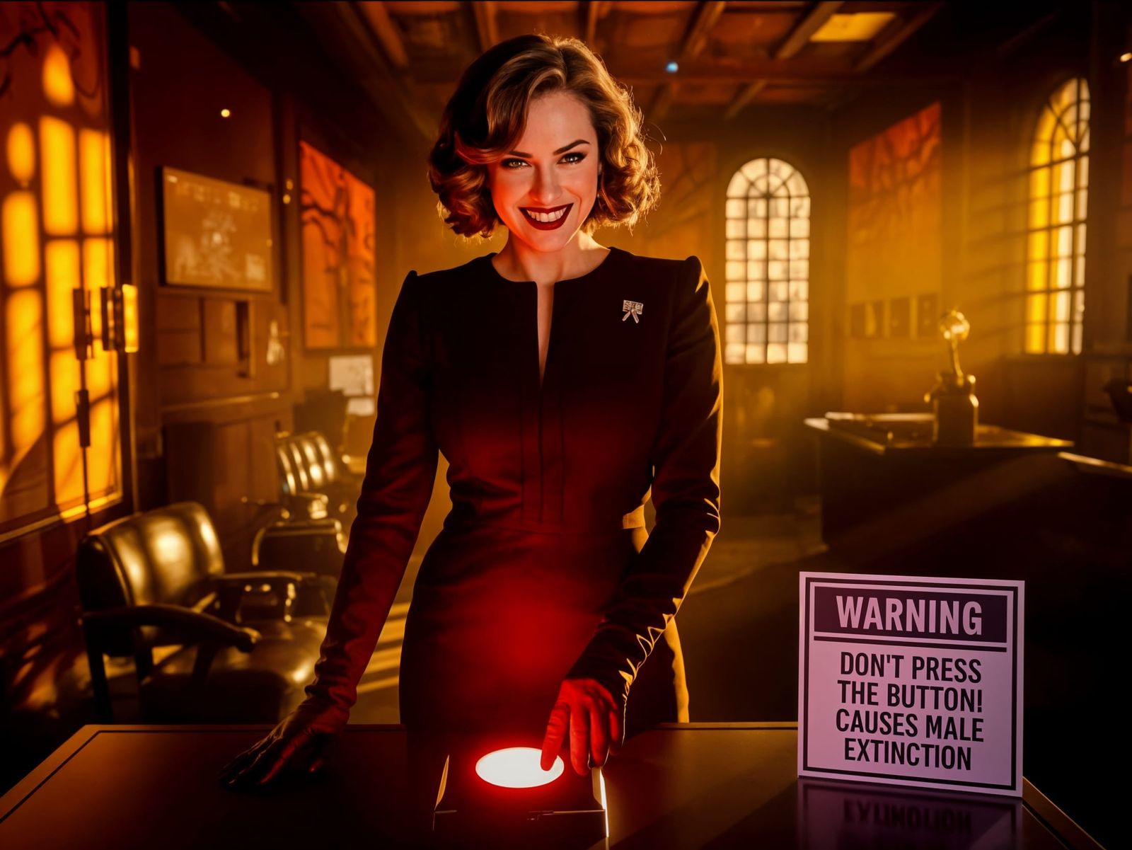 Evil woman pressing the red button on a desk which causes male extinction   by @Fokje