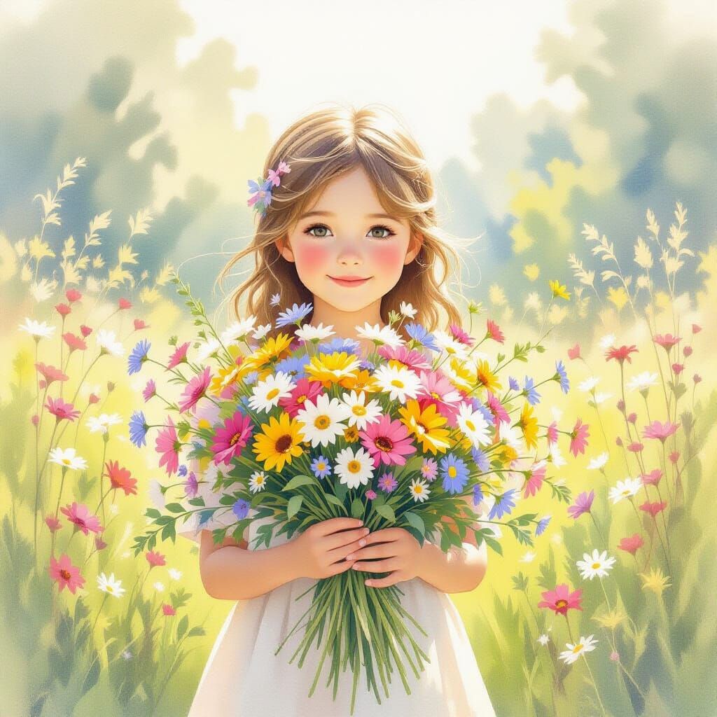 Girl in Meadow with Wildflower Bouquet in Watercolor Style