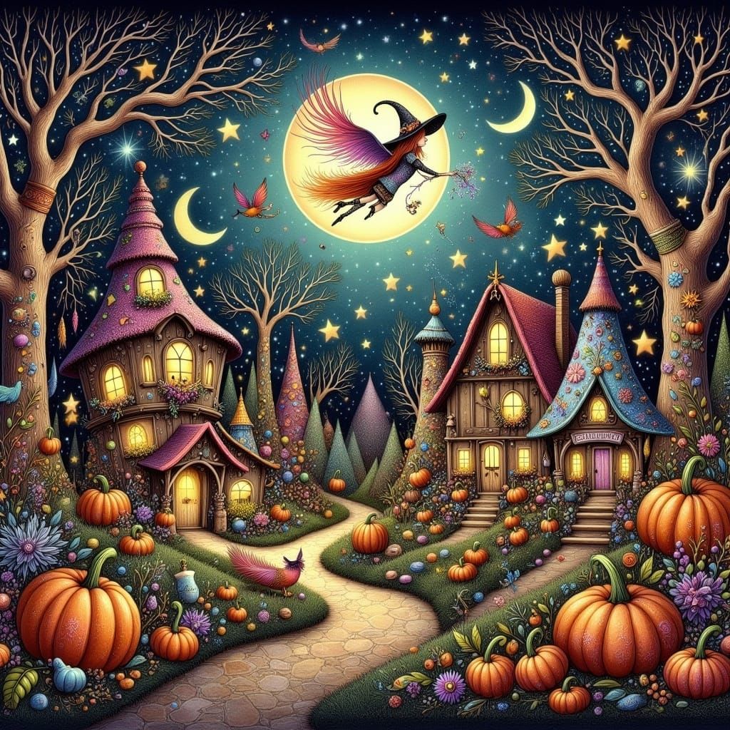 <lora:Witches:1.0> Magical Halloween village in an enchanting English Forest, full moon, zentangle, naive art, intricately detailed, vivid c...