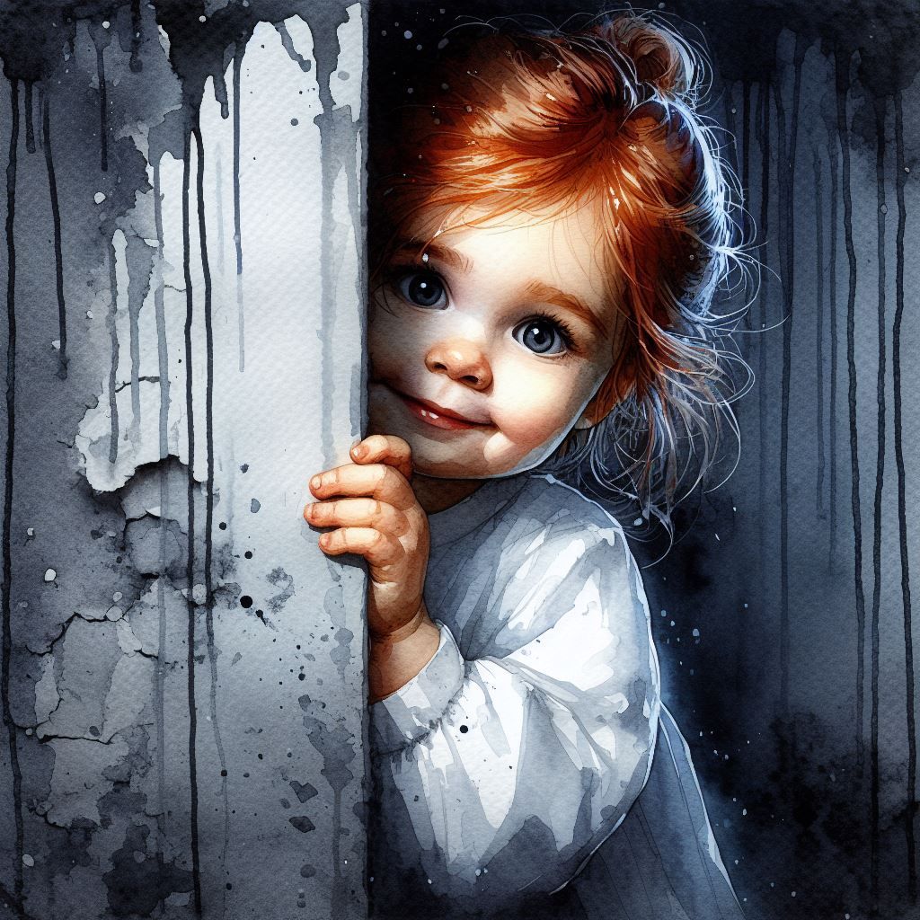 Low key wet dripping watercolor of a mischievous monster peaking around a corner with only one ugly eye visible and head slanted, around cor...