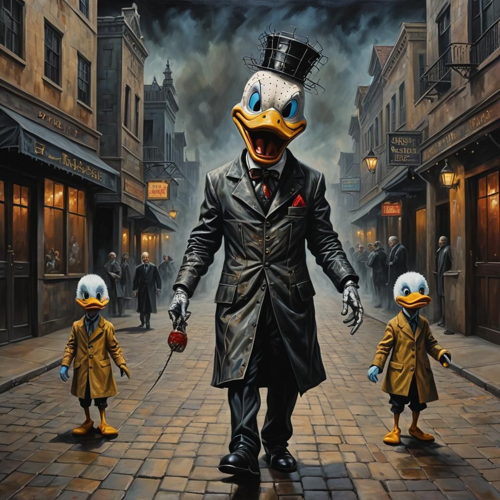  Very evil Donald Duck Pinhead walking down a dark street, w...