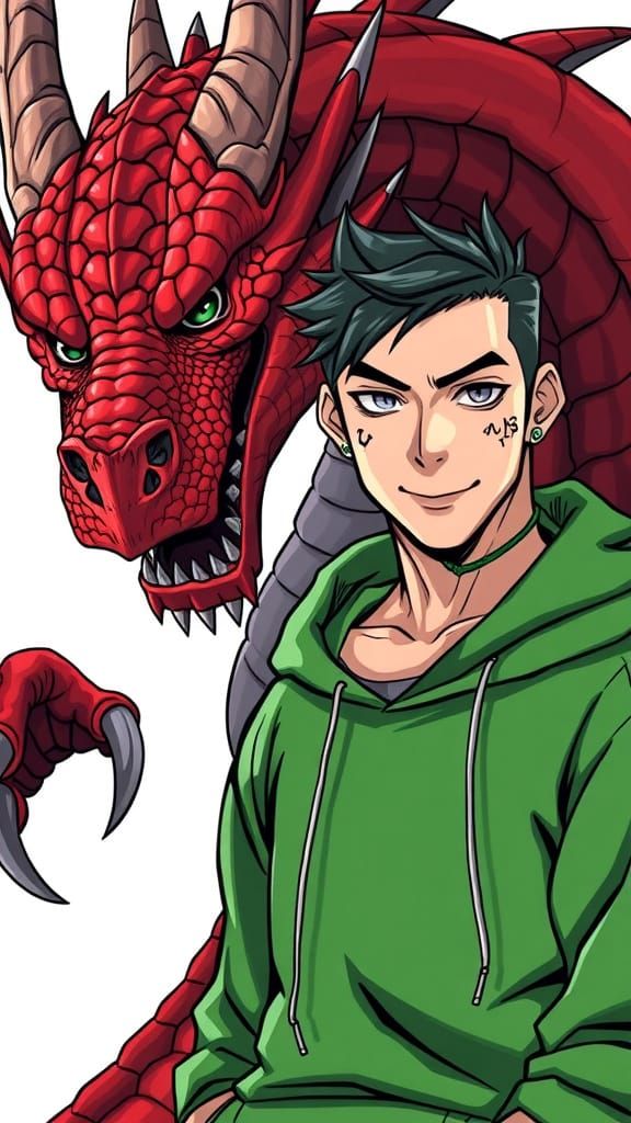 Dragon and Anime-Inspired Hero in Vibrant Colors