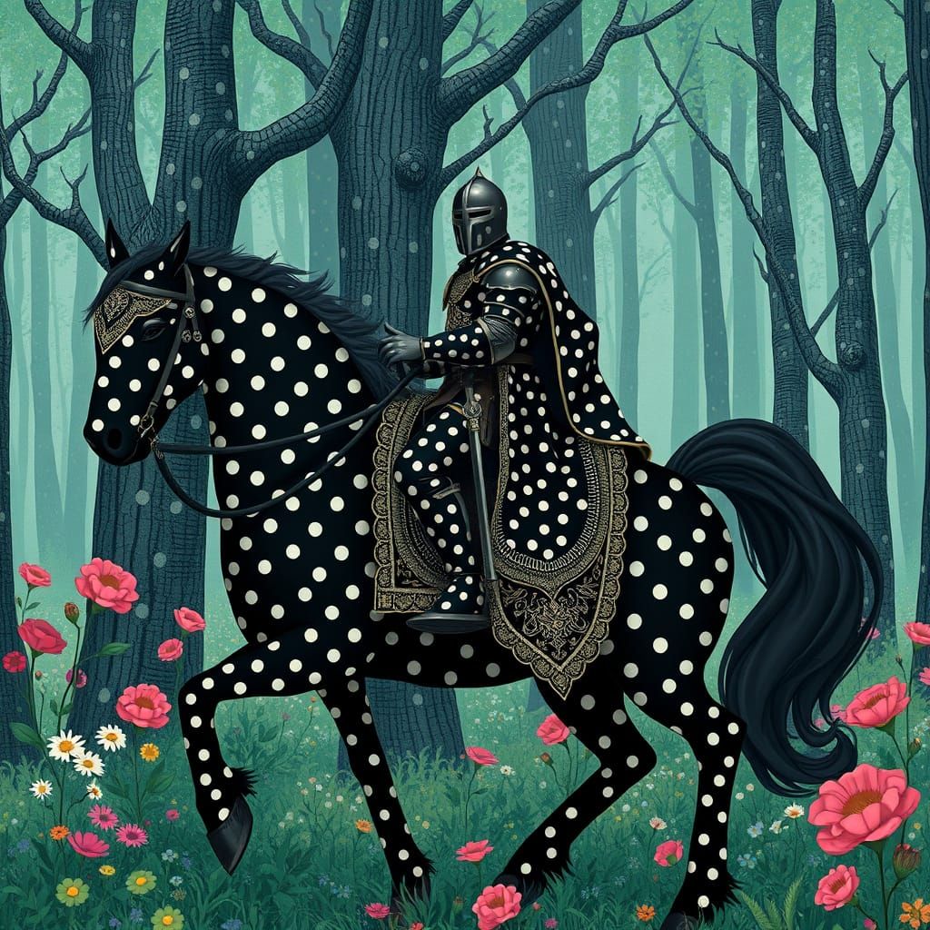 A formidable Black ancient knight dressed in Polka dot, rides a black polka dot steed in a polka dot ...  by @OnyxRose