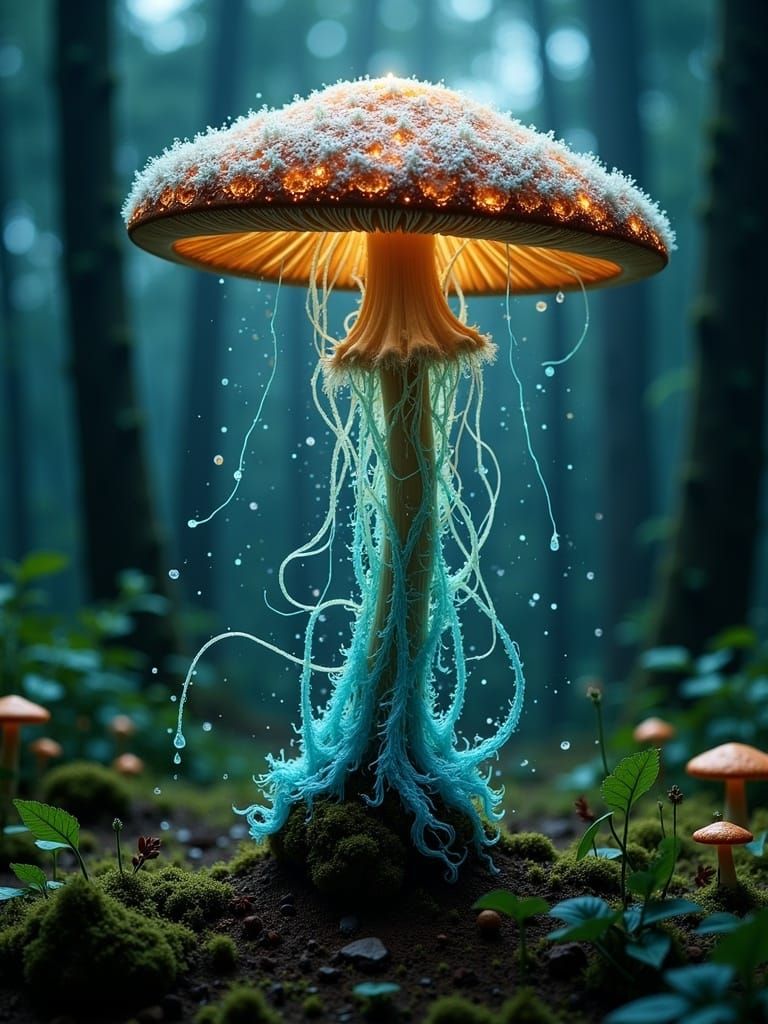 Metamorphosis of the Mushroom, imagine a serene forest at twilight, where the air is filled with the soft glow of bioluminescent fungi. In t...