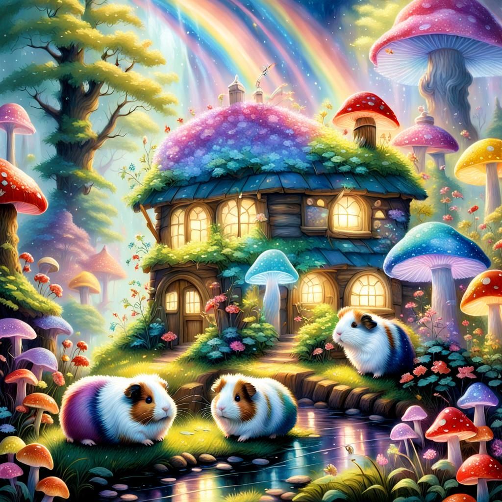 Rainbow glitter Guinea pigs surrounding a cottage and glowin...