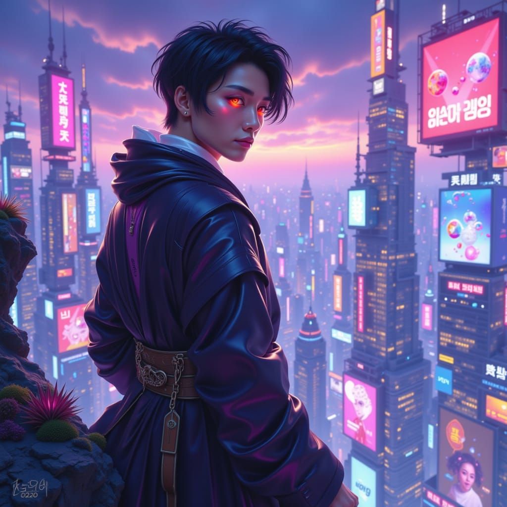 Digital painting. A lone, handsome Korean prince with piercing red eyes stands on a windswept cliff overlooking a neon-lit cyberpunk city. H...