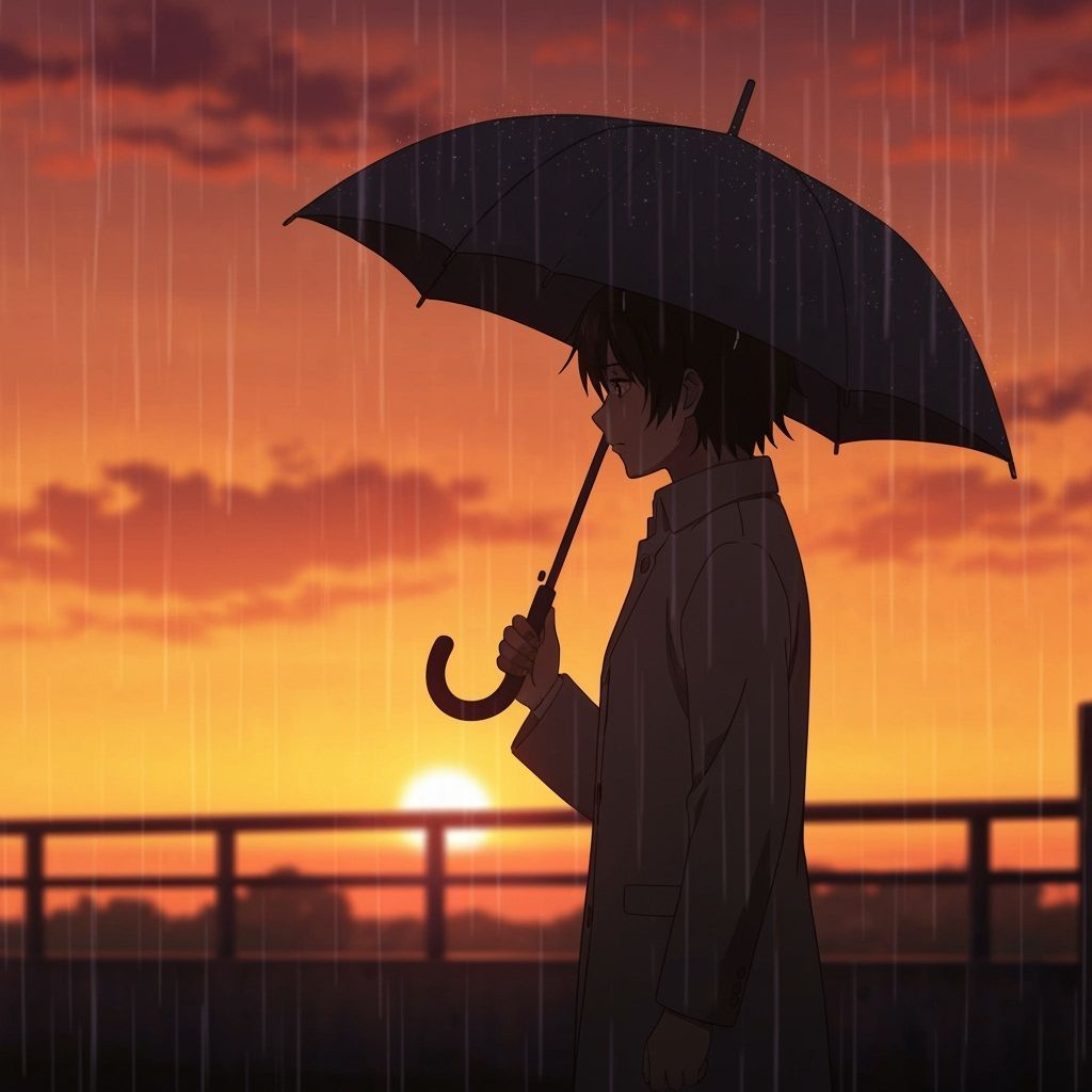 Anime Character Standing in Rain Under Sunset
