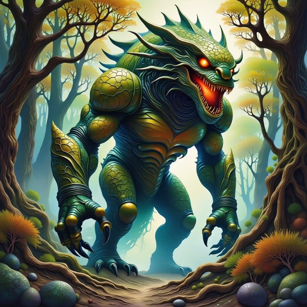 Monstrous Rock Creature in Dark, Mystical Forest - AI Art