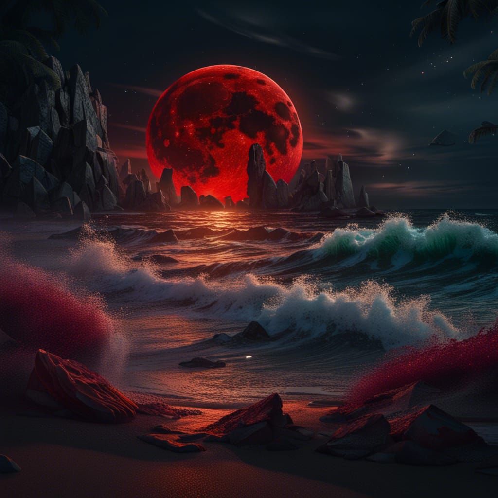 waves crashing on the shore of a beach, the red eclipse moon on the horizon at night  by @Lotti THORNELL-STAIG