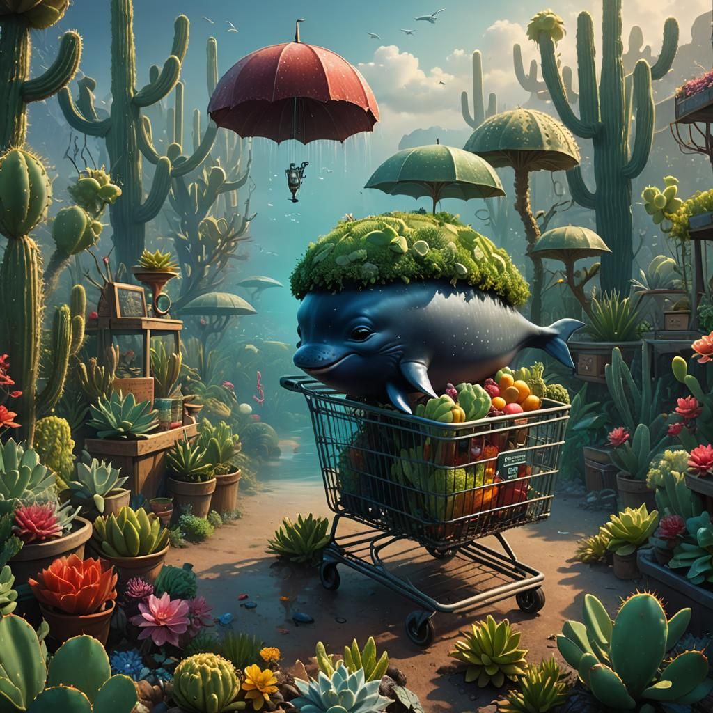 tiny adorable whale, wearing beret, pushing grocery cart, in...