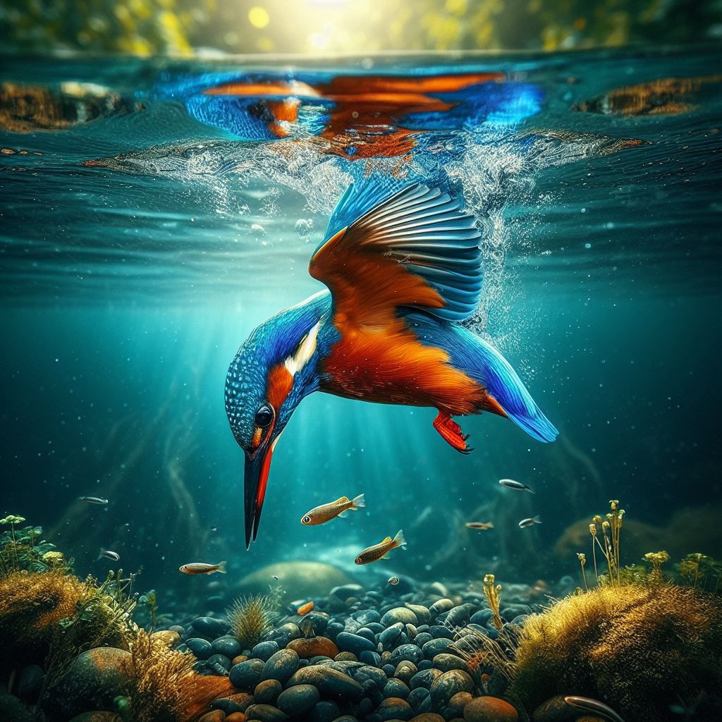 A kingfisher diving into water to catch a fish