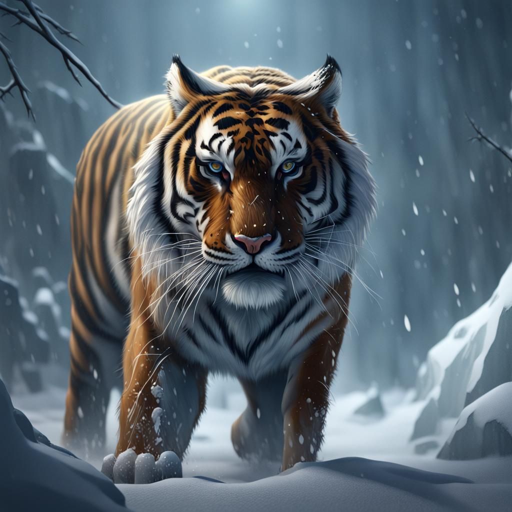 Tiger in a snow storm detailed matte painting, deep color, fantastical ...