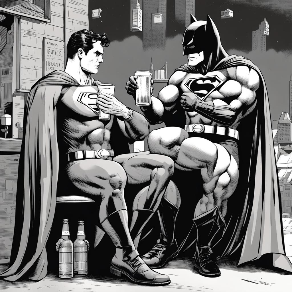 Superman and Batman drinking a beer together