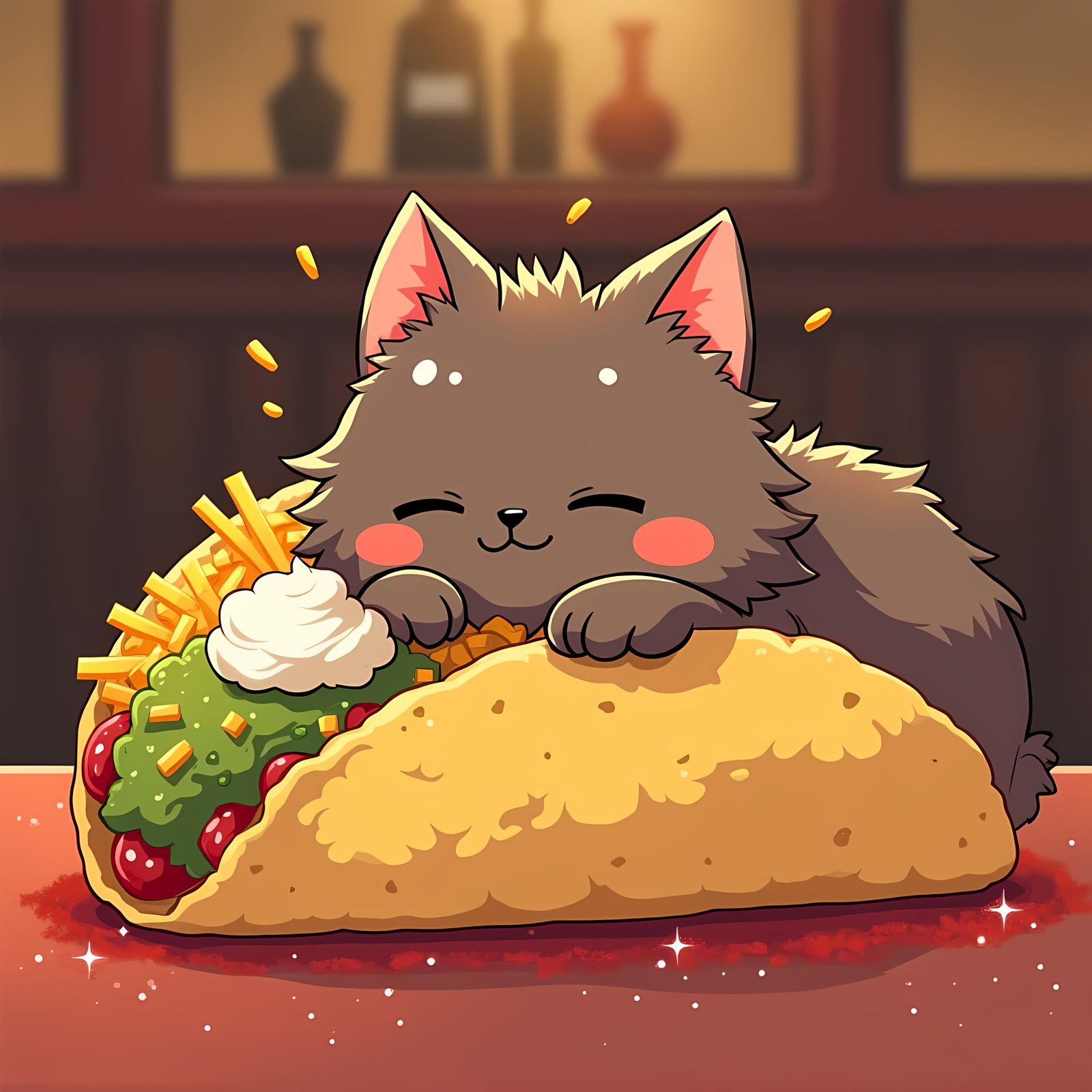 Cute Anime Cat in Taco Shell with Sparkles