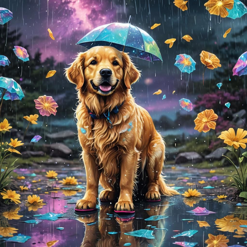 Golden Retriever with Rain Boots