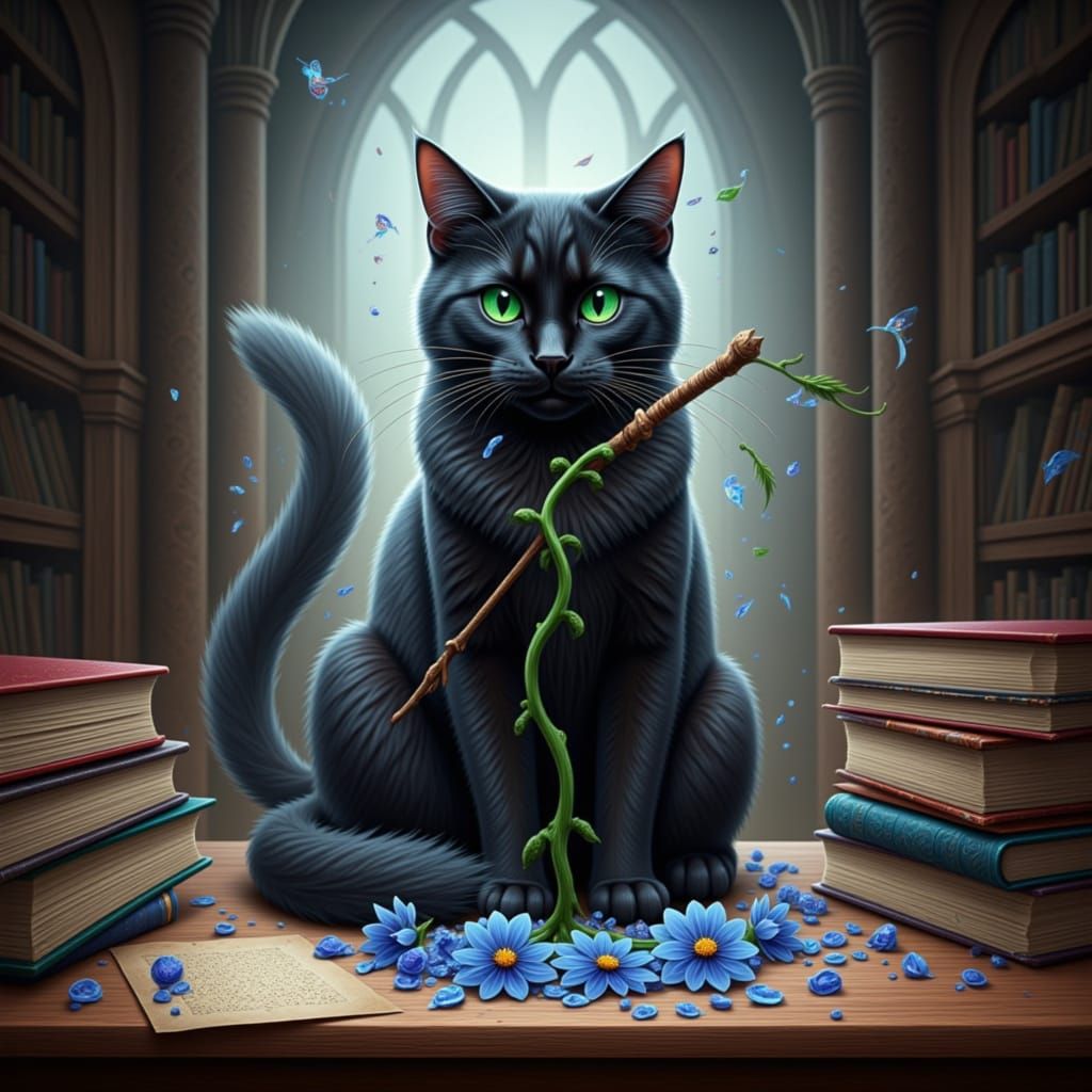 Albus the cat sitting on a pile of books with wand in mouth with a blue flower sprouting out from the spill on the wizards cluttered desk in...