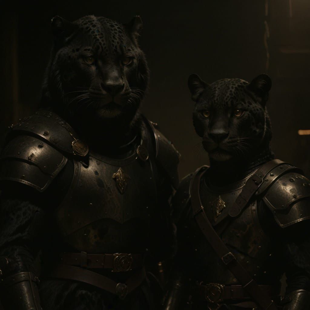 Father and son anthropomorphic black jaguar warriors stand armored for battle. Cinematic film still, shot on v-raptor XL, film grain, vignet...