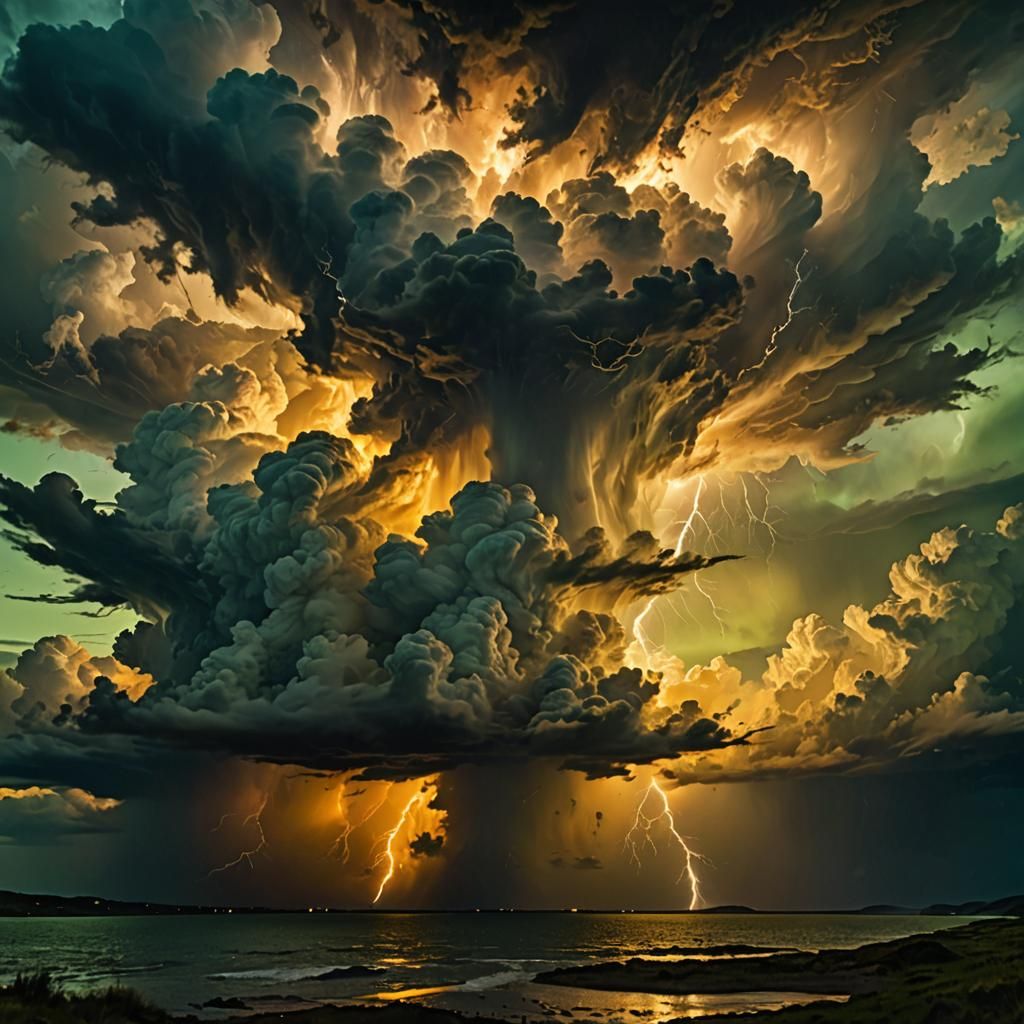 Dramatic Clouds with Green Light in Turner Style