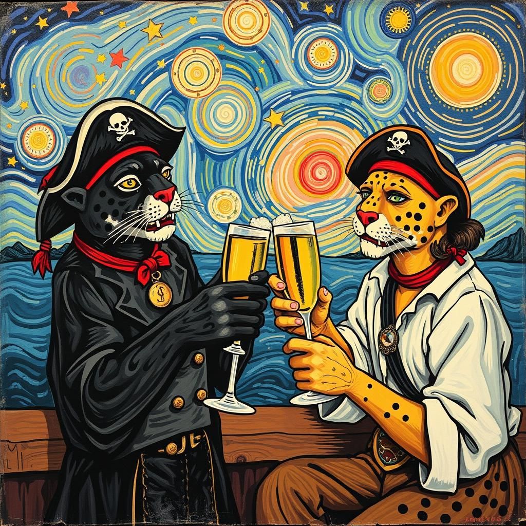 🌈🌓🚤⚔️  
 pirate panthers party Prosecco

van gogh, jackso...