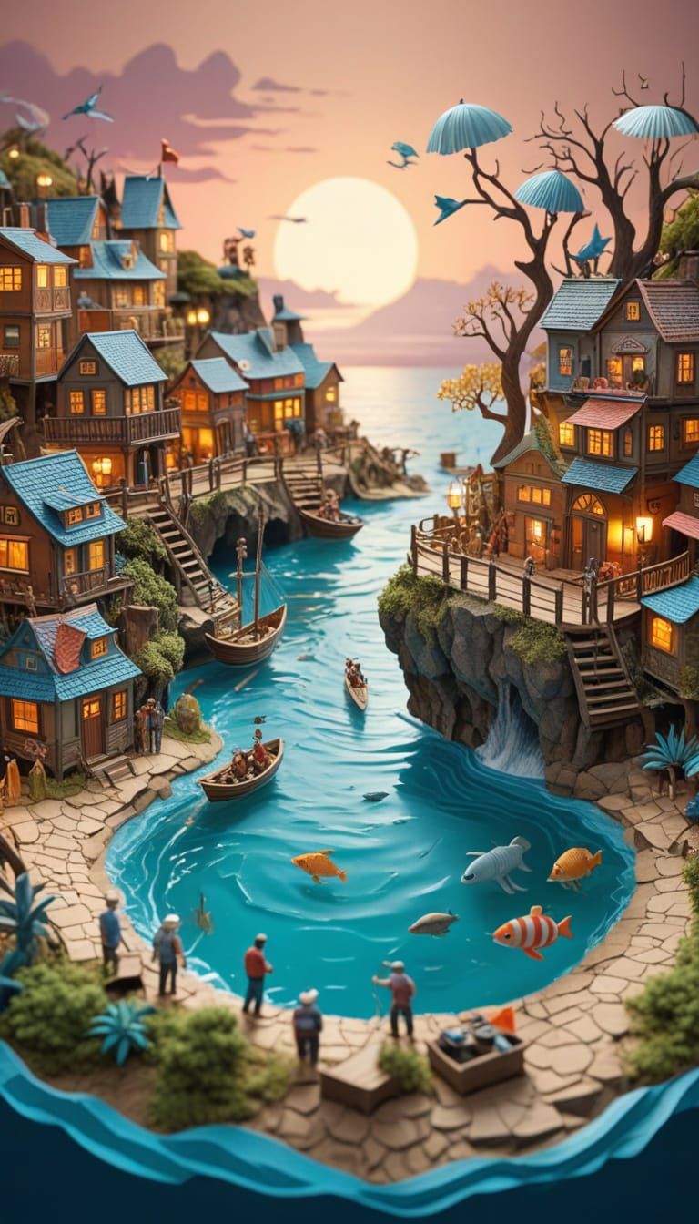 Acts of Kindness. Paper art diorama. A miniature scene of a community of diverse fantasy seecreatures helping each other rebuild a village a...