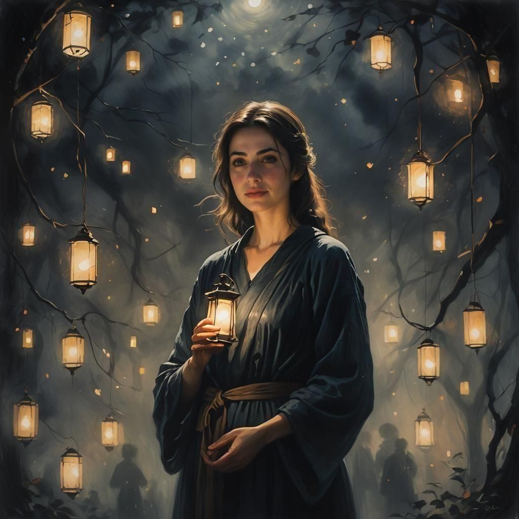 Woman Radiating Light in Dark Night